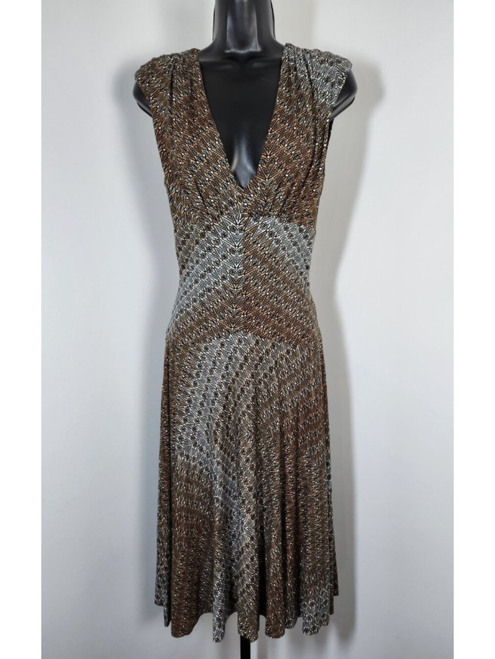 Boston Proper Deep V Knee-Length Sleeveless Dress - Brown Multi - SZ XS